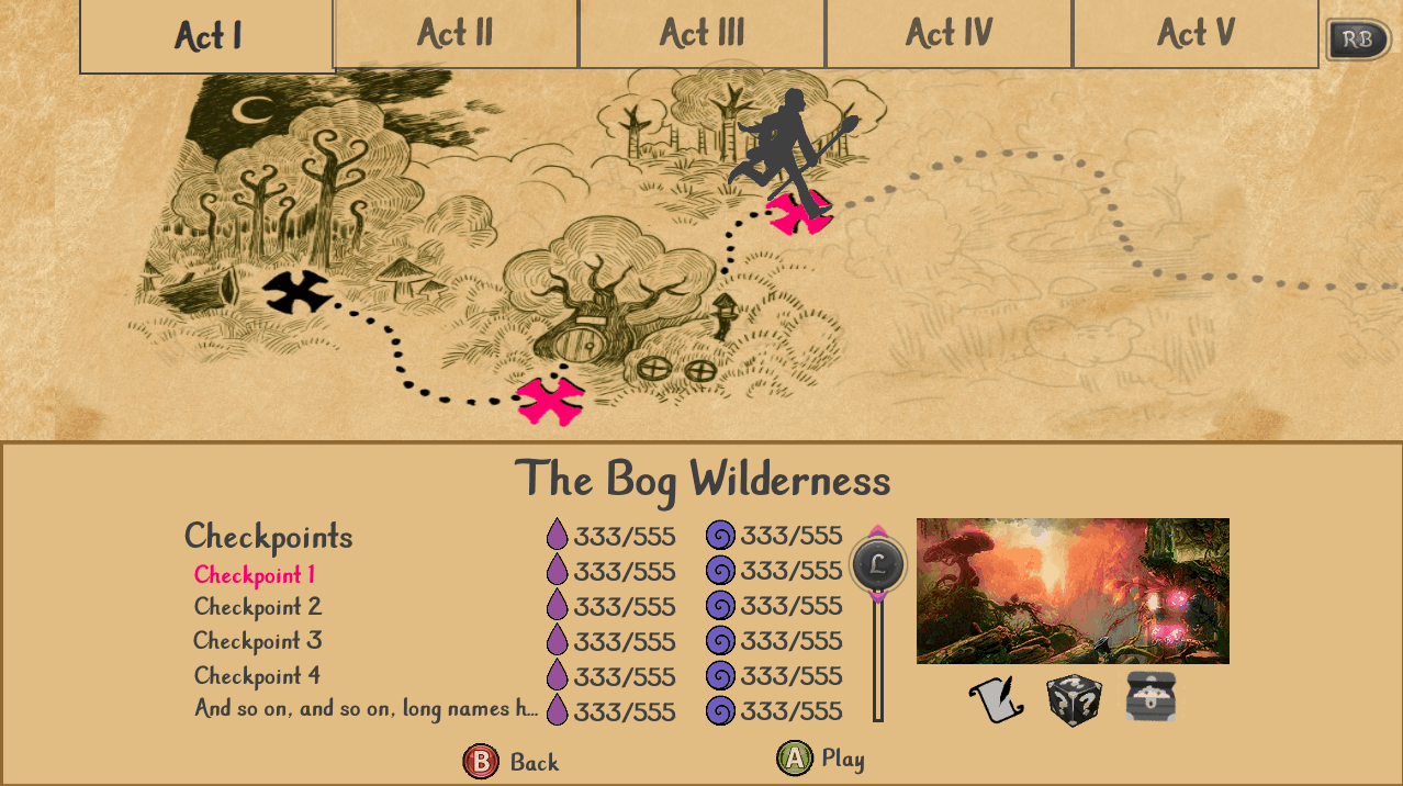 A gif of the interactive prototype I made for Trine 4 level select screen