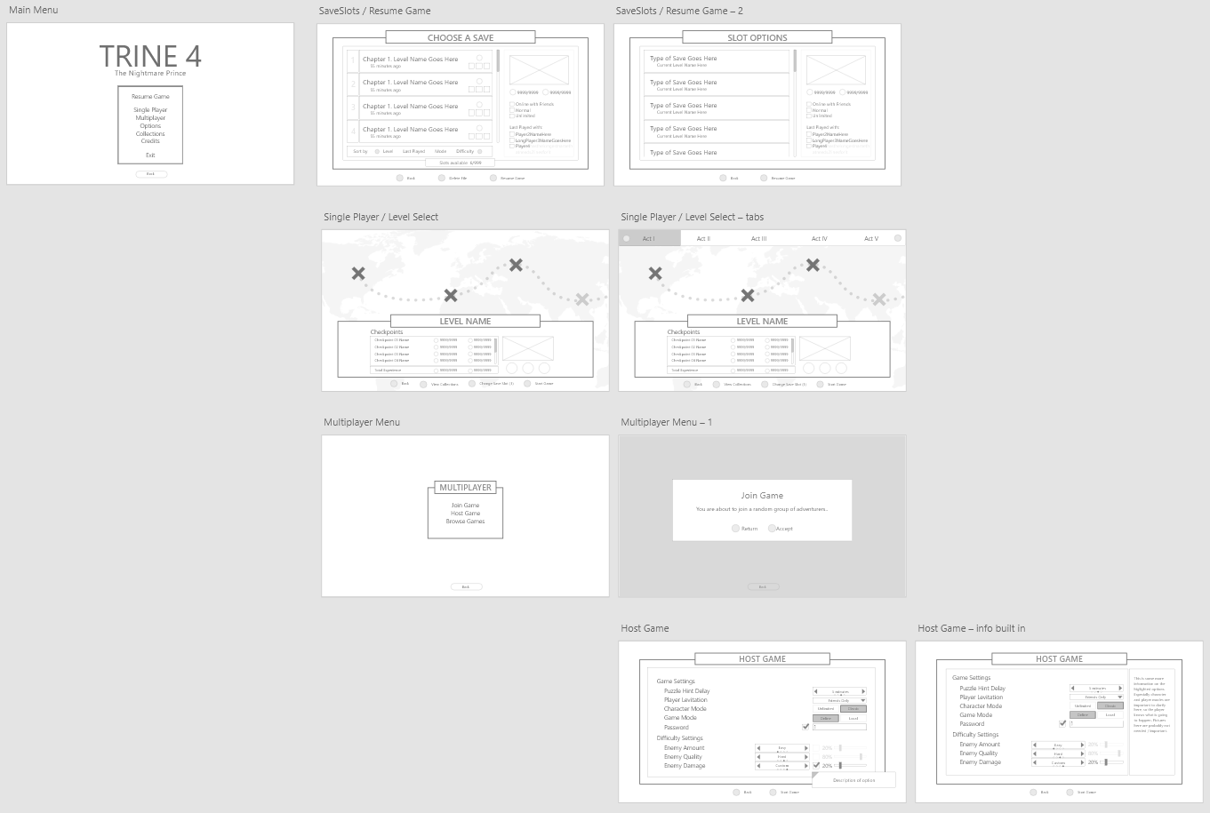 Screenshot of some of the wireframes for Trine 4 menus