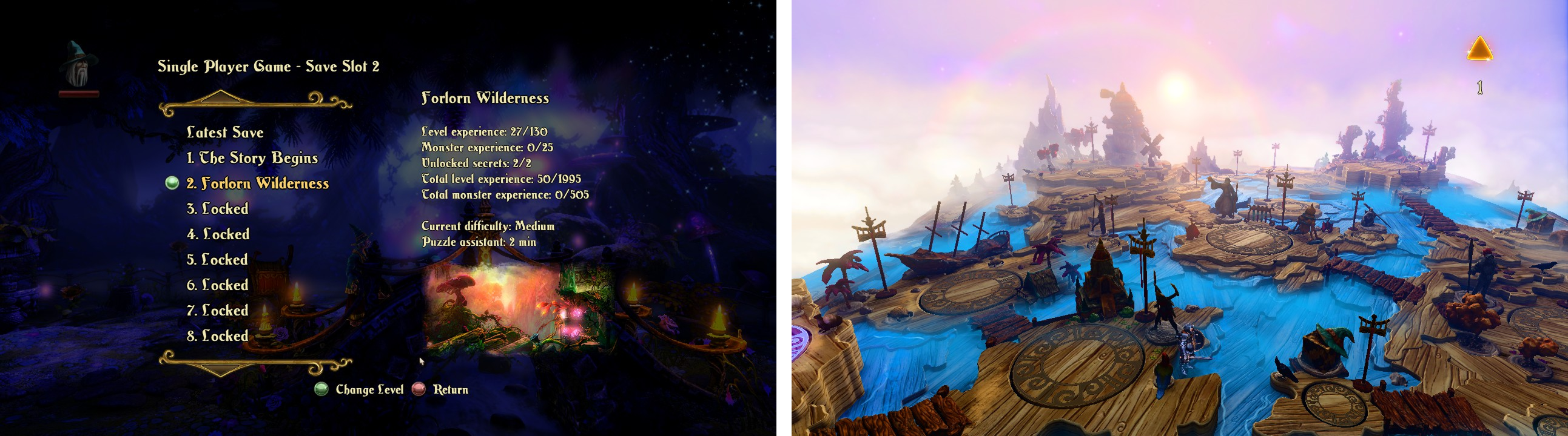 Left: The level select screen from Trine 2. Right: The level select screen from Trine 3.