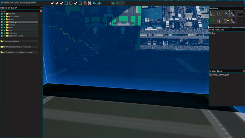A screenshot of Starbase's in-game spaceship editor