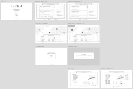 Screenshot of some of the wireframes for Trine 4 menus